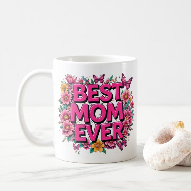 Beste Mama je Zitat Schmetterlinge rosa Blume Kaffeetasse (Mit Donut)