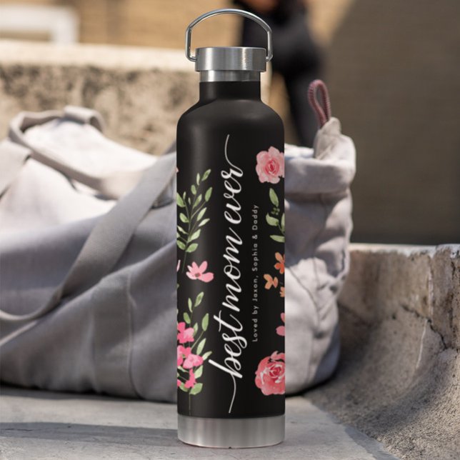 Beste Mama jemals Wasserfarbenflorchen personalisi Trinkflasche (Elegant, modern, trendy "Best Mom Ever" watercolor floral personalized water bottle.)