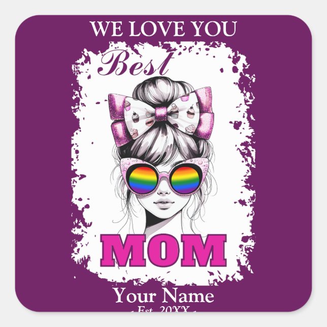 Beste Mama Messy Bun Mama Regenbogenfarben Quadratischer Aufkleber (Vorderseite)