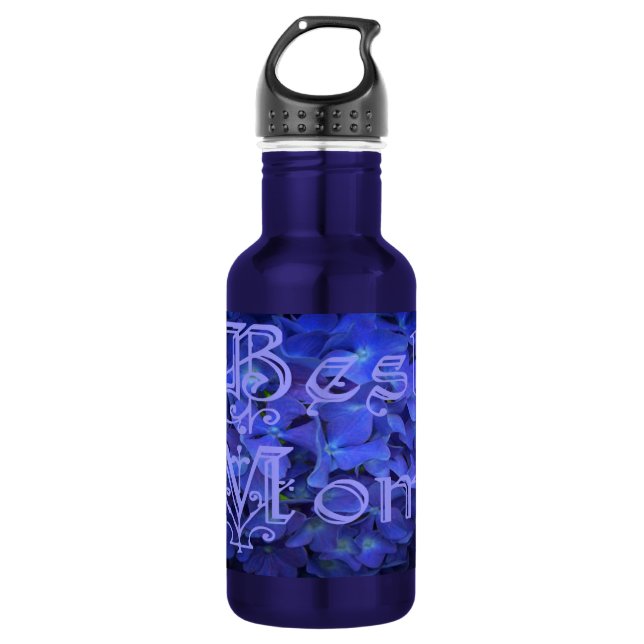 Beste Mama mit Hintergrund der blauen Blume Trinkflasche (Vorderseite)