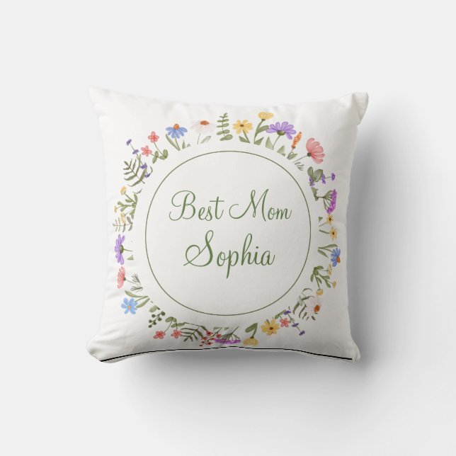 Beste Mama Monogram Blumengrün Kraut Kissen (Vorderseite)