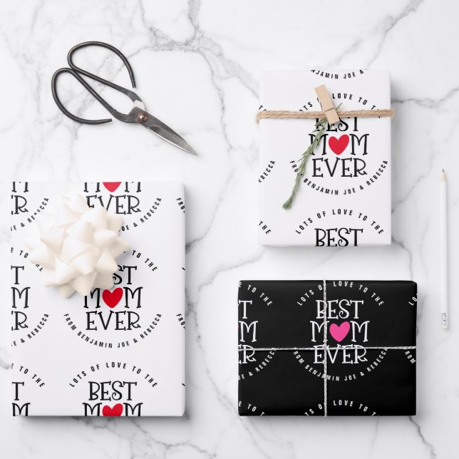 Beste Mama Mum je kundenspezifisch Schwarz-weiß Geschenkpapier Set (Vorderseite)