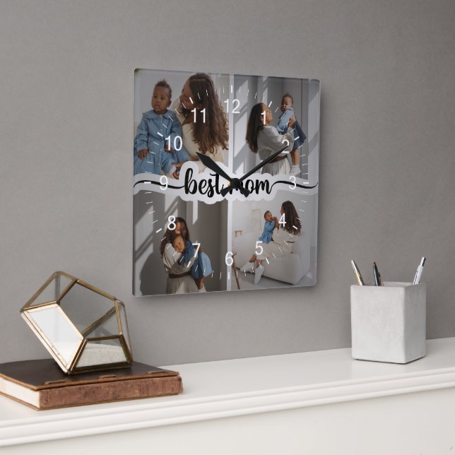 Beste Mama Personalisiert 4 FotoCollage Quadratische Wanduhr (Büro)