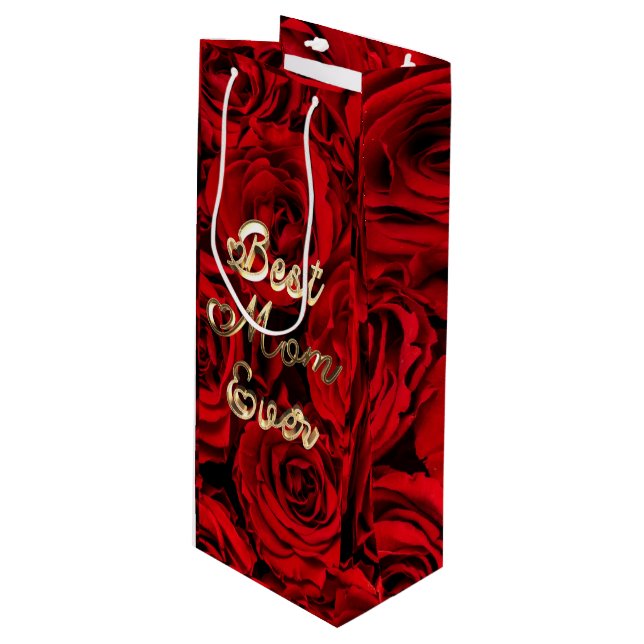 Beste Mama pro Herz Rote Rosen Blauer Geschenktüte Für Weinflaschen (Vorderseite Schrägansicht)