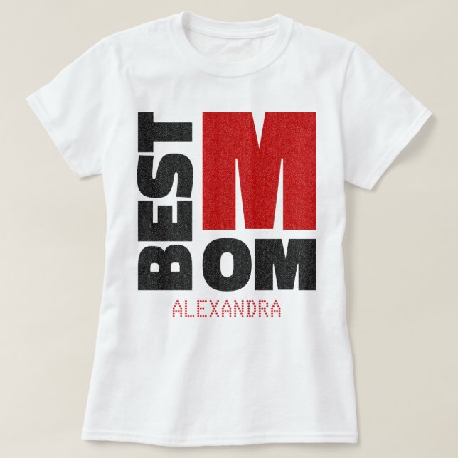 Beste Mama Roter Schwarzer Glitzer Name angepasst T-Shirt (Design vorne)