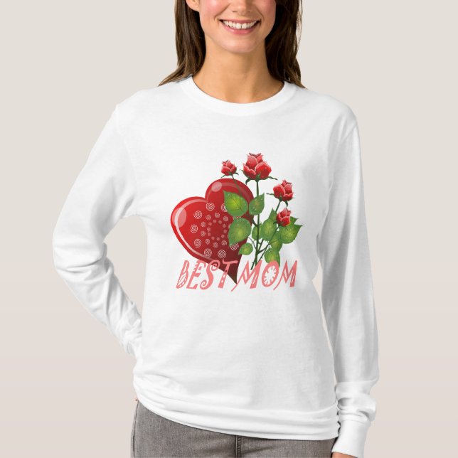 Beste Mama, rotes Herz und grüne Blätter T-Shirt (Vorderseite)