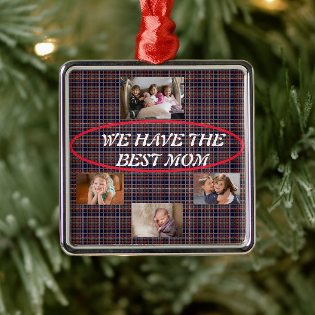 Beste Mama Tartan Kariert 4 Fotos Handgeschriebene Ornament Aus Metall (Baum)