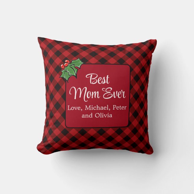 Beste Mama Weihnachten Klassik Rot Kariert Holly Kissen (Vorderseite)