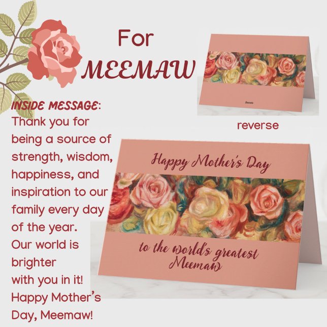 'Beste Meemaw' Mother's Day Floral Rose Custom Karte (A beautiful floral roses Mother's Day card for your special southern Meemaw (grandmother)! )