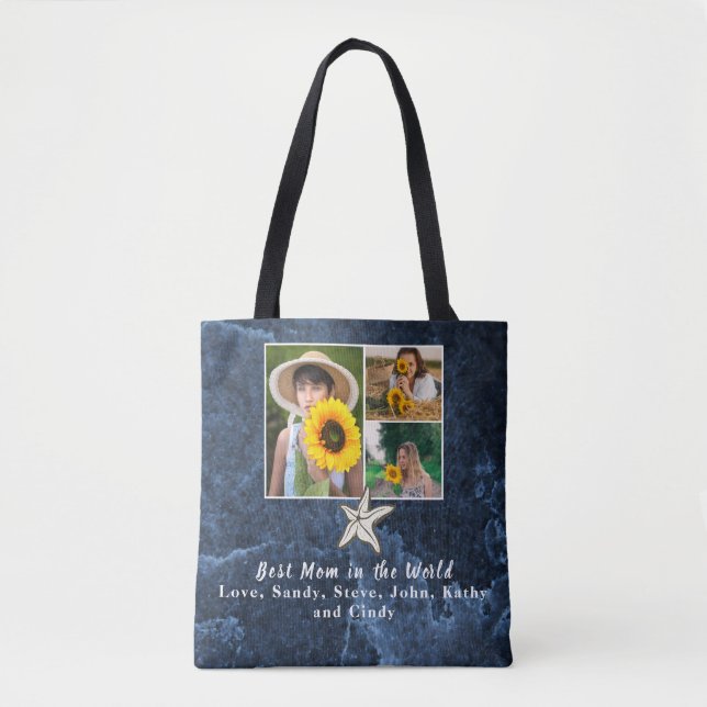 Beste Mutter 3 Foto Collage Starfish Navy Blau Tasche (Vorderseite)