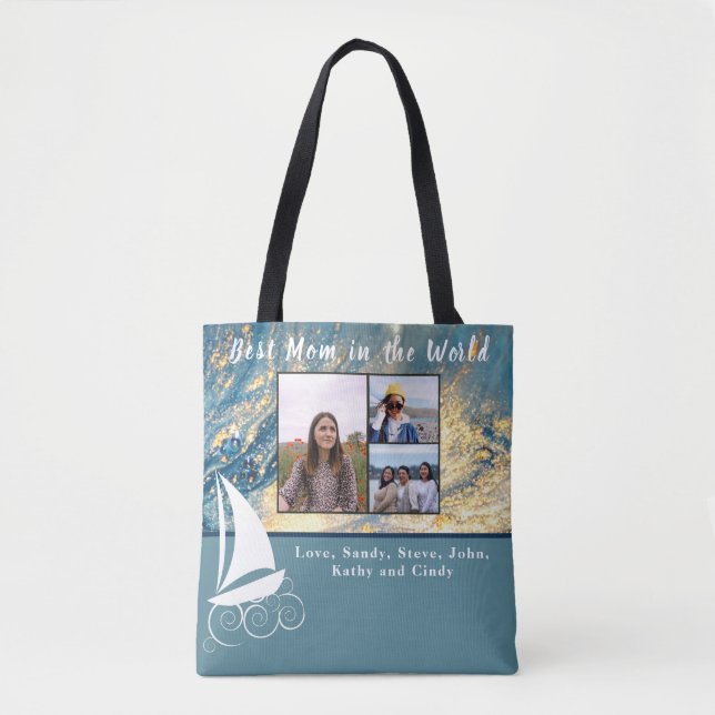 Beste Mutter 3 Foto Modernes Blue Sailboat Toag Ta Tasche (Vorderseite)