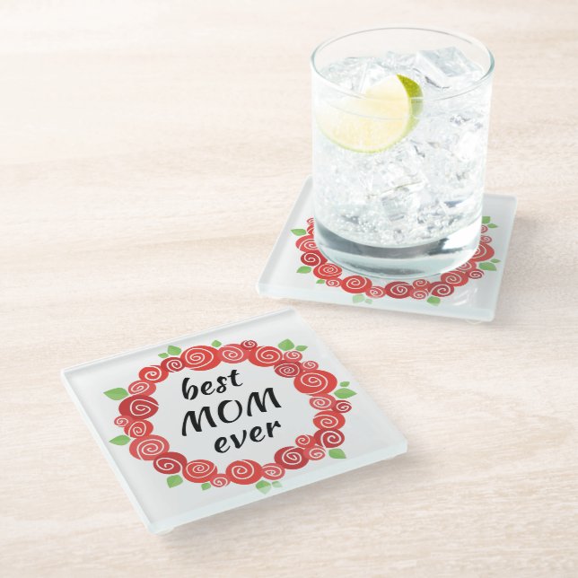 Beste Mutter aller rote Rosen Kranz-Frühjahr niedl Glasuntersetzer (Schrägansicht)