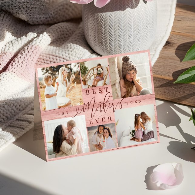 Beste Mutter je Foto Collage Pink Woodgrain Karte (Best Mother Ever Photo Collage Pink Woodgrain Card)