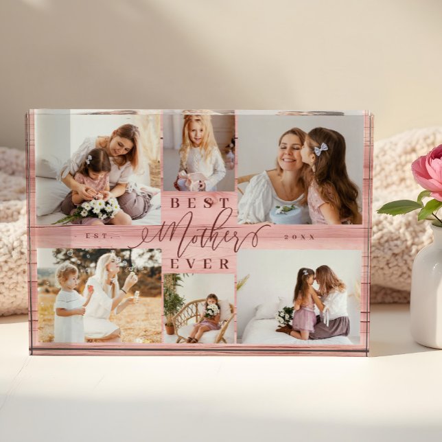 Beste Mutter je rosa Waldkornbrotmilch Sake halten Fotoblock (Best Mother Ever Pink Woodgrain Collage Keepsake Photo Block)
