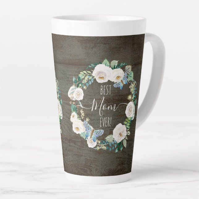 Beste Mutter je rustikales weißes Blumenholz Milchtasse (Rechte Ecke)