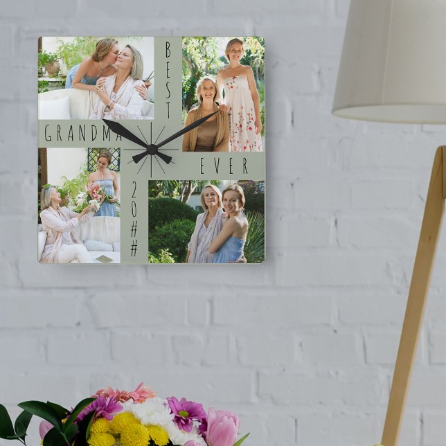 Beste Oma je 4 Foto Collage Green Quadratische Wanduhr (Von Creator hochgeladen)
