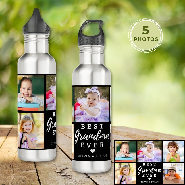 Beste Oma je Grandkids 5 FotoCollage Schwarz Edelstahlflasche (Best Grandma Ever Grandkids 5 Photo Collage Black Stainless Steel Water Bottle
)