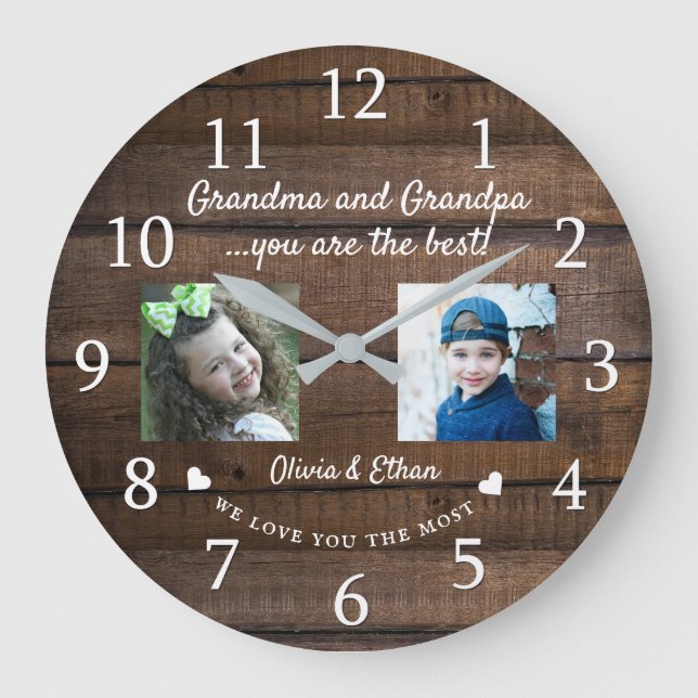 Beste Oma und Opa Großkinder 2 Foto Holz  Große Wanduhr (Vorderseite)