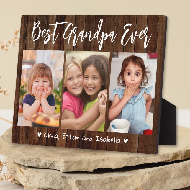 Beste Opa je Großkinder 3 Fotokollage Holz Fotoplatte (Best Grandpa Ever Grandkids 3 Photo Collage Wood Plaque)