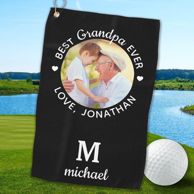 Beste Opa je Personalisiertes Monogramm Name Foto Golfhandtuch (Von Creator hochgeladen)