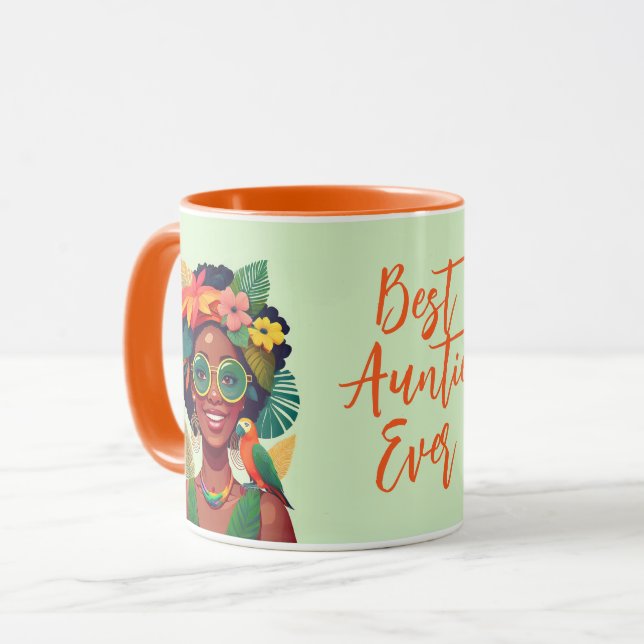 Beste Schwarzfrau, tropische Blume und Papagei Tasse (Vorderseite Links)