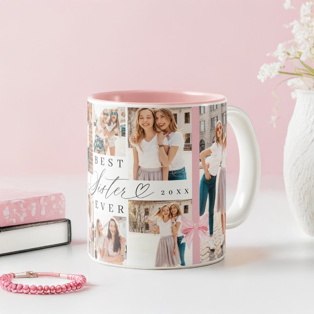Beste Schwester je Sister Script Bow Foto Collage Zweifarbige Tasse (Best Sister Ever Sister Script Bow Photo Collage Two-Tone Coffee Mug)