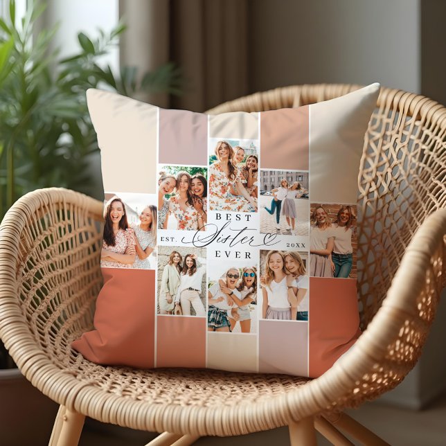 Beste Schwester je Sister Script Herz Foto Collage Kissen (Best Sister Ever Sister Script Heart Photo Collage Throw Pillow)