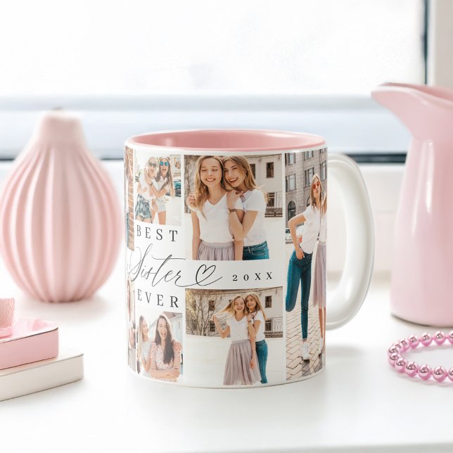 Beste Schwester je Sister Script Herz Foto Collage Zweifarbige Tasse (Best Sister Ever Sister Script Heart Photo Collage Two-Tone Coffee Mug)