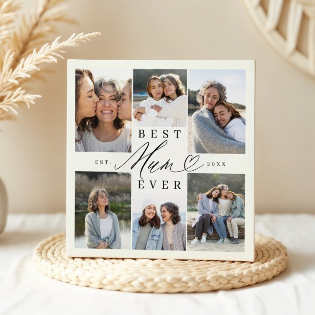 Beste Summe je Elegante Script Herzklopfen FotoCol Fotoplatte (Best Mum Ever Elegant Script Heart Photo Collage Plaque)