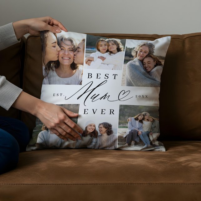 Beste Summe je Elegante Script Herzklopfen FotoCol Kissen (Best Mum Ever Elegant Script Heart Photo Collage Throw Pillow)