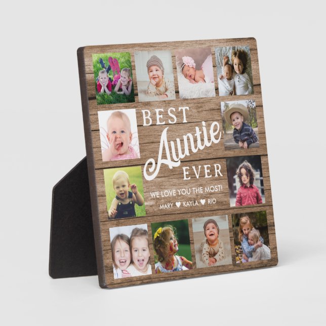 Beste Tante je 12 Foto Collage Rustikales Holz Fotoplatte (Vorderseite)