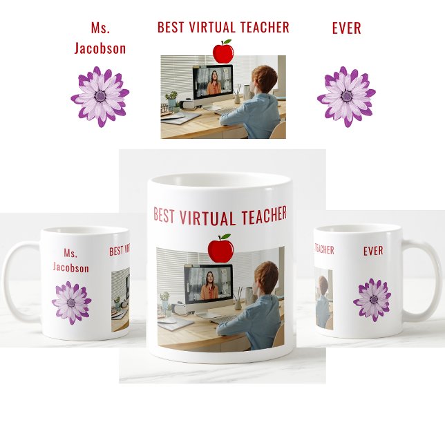 Beste Virtual Teacher-Foto-Bewertung Kaffeetasse (Best Virtual Teacher Ever. Photo of student. Flowers. Modern, cute, elegant teacher appreciation mug)