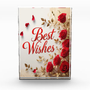 "Beste Wünsche" mit Rote Rosen und Gold-Blätter Fotoblock