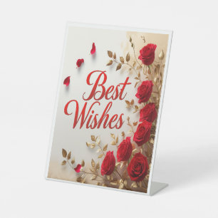 "Beste Wünsche" mit Rote Rosen und Gold-Blätter Sockelschild