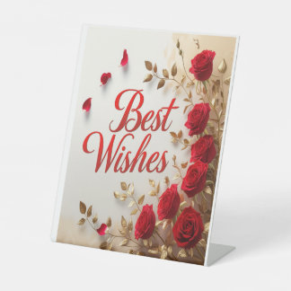 "Beste Wünsche" mit Rote Rosen und Gold-Blätter Sockelschild