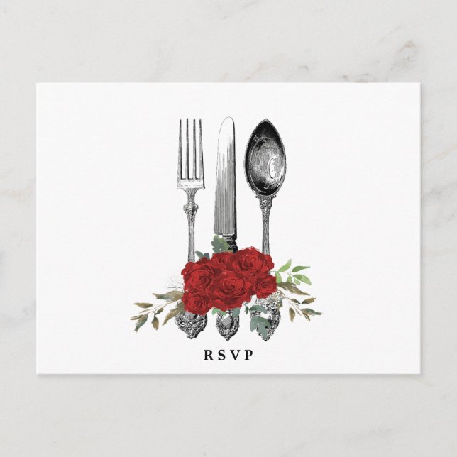 Besteck Rote Florale Hochzeit Rsvp Postkarte (Vorderseite)