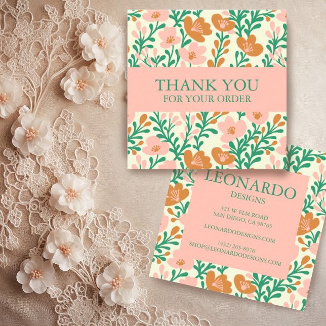 Bestellen DANK Niedliche, rosa Blume Quadratische Visitenkarte (Colorful floral botanical pattern on these peach fuzz custom order thank you business cards)