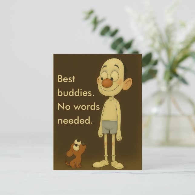 Bester Buddies-Heartwarming Cartoon Dog & Friend Postkarte (Stehend Vorderseite)