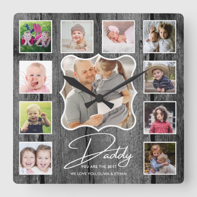 Bester Daddy je 11 Foto Collage Black Wood Quadratische Wanduhr (Vorderseite)