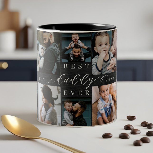 Bester Daddy je Black Woodgrain FotoCollage Zweifarbige Tasse (Best Daddy Ever Black Woodgrain Photo Collage Two-Tone Coffee Mug)