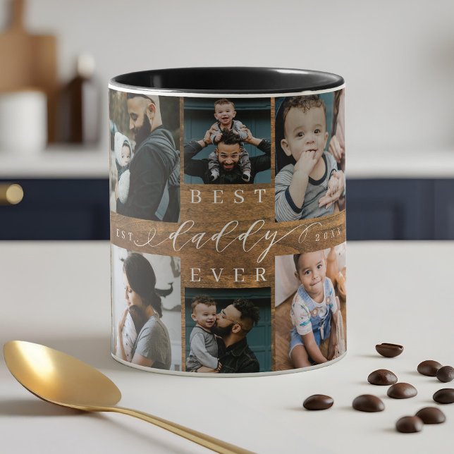 Bester Daddy je Woodgrain Foto Collage Keepake Tasse (Best Daddy Ever Woodgrain Photo Collage Keepsake Mug)