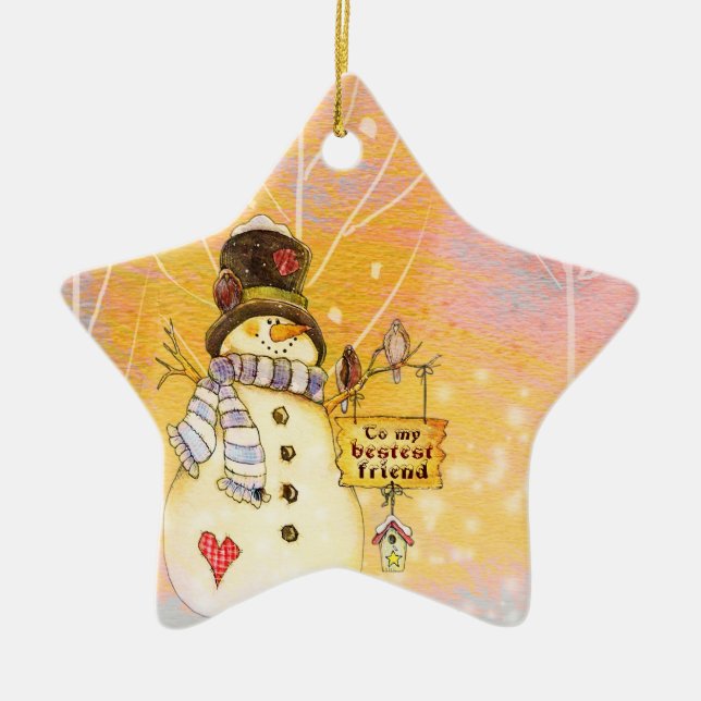 Bester Freund-Schneemann-Stern-Verzierung Keramikornament (Vorne)