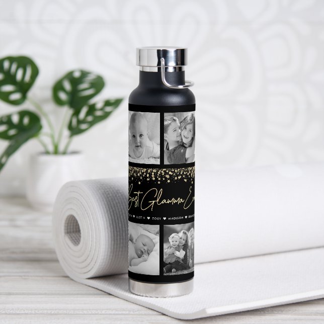 Bester Glamma je 10 Foto Collage Gold Glitzer Trinkflasche (Yoga)