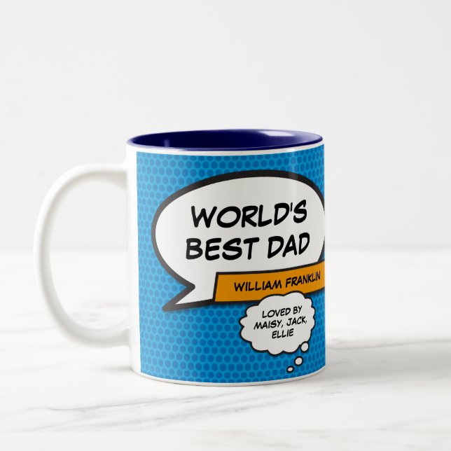 Bester je Vater, Papa, Father Fun Comic Buch Blau Zweifarbige Tasse (Links)