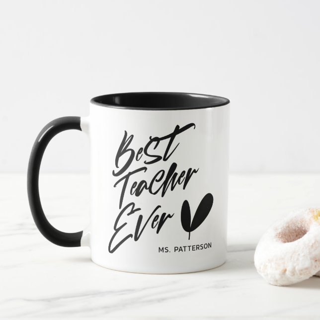 Bester Lehrer je Moderner Black Script Individuell Tasse (Mit Donut)