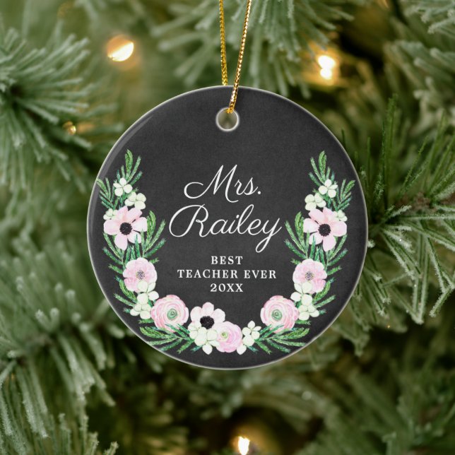 Bester Lehrer je Personalisiert Boho Blume Wreath Keramik Ornament (Baum)