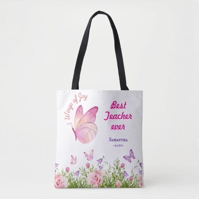 Bester Lehrer je Personalisiert Butterfly-Rosa Tasche (Vorderseite)