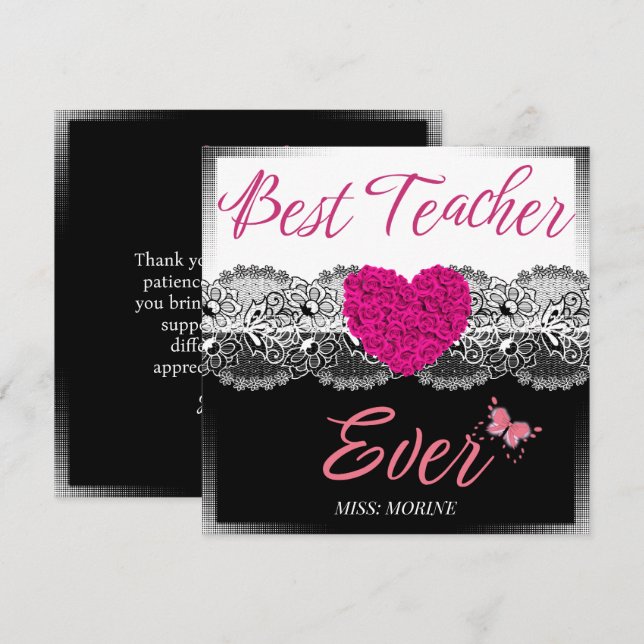 Bester Lehrer je Schwarz & Weiß mit rosa Herz Dankeskarte (Vorne/Hinten)
