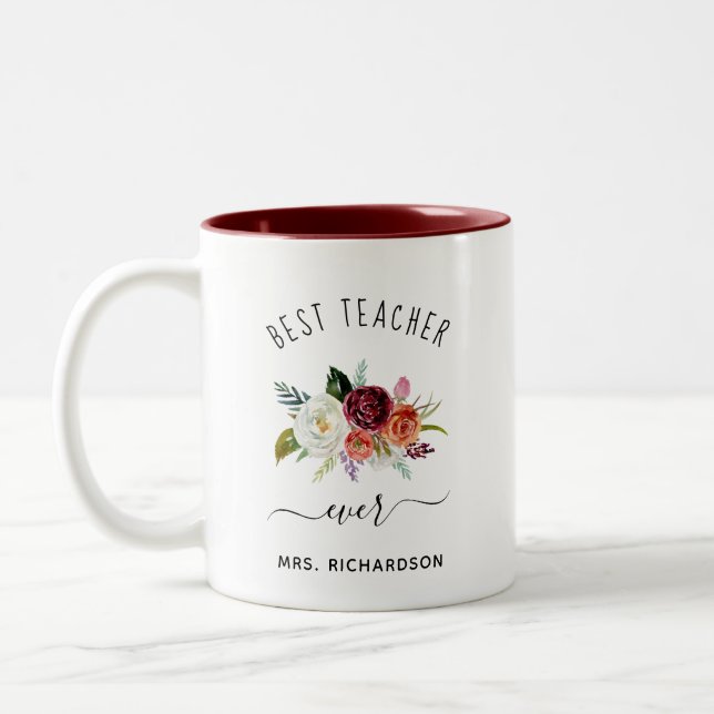 Bester Lehrer je | Trendy Burgundy Boho Floral Zweifarbige Tasse (Links)