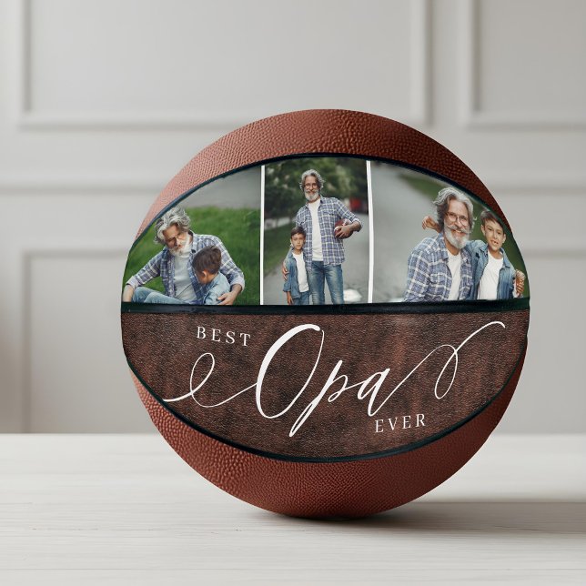 Bester Opa je Leder Vatertag Foto Keepake Basketball (Best Opa Ever Leather Father's Day Photo Keepsake Basketball)